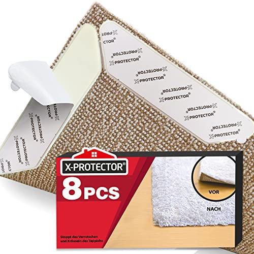 X-Protector Grippers for Rugs - 8 pcs Anti Curling Gripper for Rug - Keeps Your Rug in Place & Makes Corners Flat - Carpet Gripper with Renewable Carpet Tape - Ideal Non-Slip Rug Pad for Your Rug!