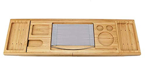 Plateau de baignoire et lit pour ordinateur portable avec pieds pliables, plateau de bain en bois 100% naturel avec support livre ou tablette et fente en verre de vin, C