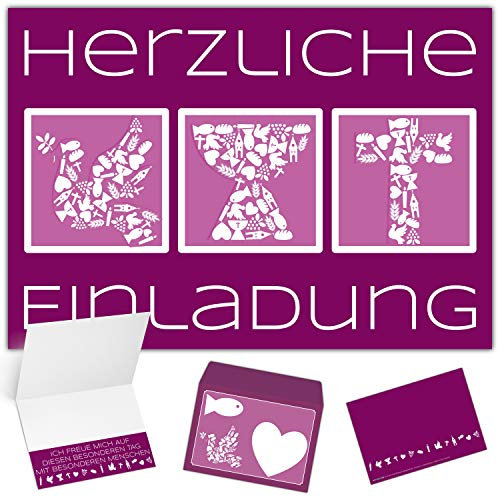15er Set Einladungskarten Kommunion Konfirmation Taufe mit Umschlag SYMBOLE - lila Klappkarten für Mädchen & Jungen Einladung Karten von BREITENWERK