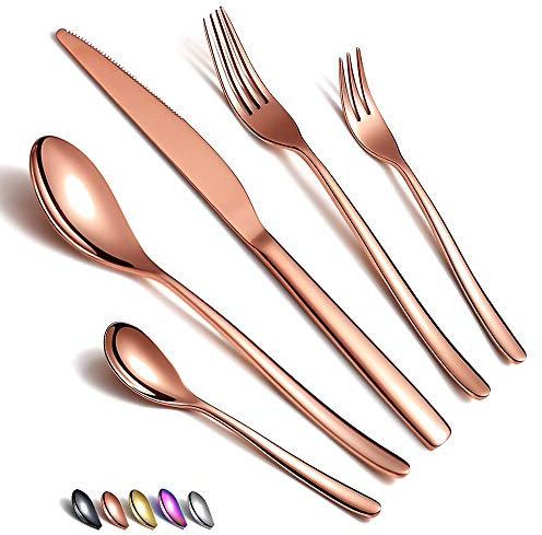 HOMQUEN Kupfer Besteck Set 30 Stück, Edelstahl Besteck mit Titanbeschichtung, Roségold Glänzend, Service-Set für 6