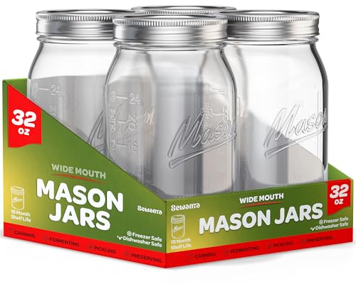 SEWANTA Wide Mouth Mason Jars 32 oz [4 Pack] With Mason Jar Lids and Bands, Mason Jars 32 oz - For Canning, Fermenting, Pickling - Jar Decor - Microwave/Dishwasher Safe.