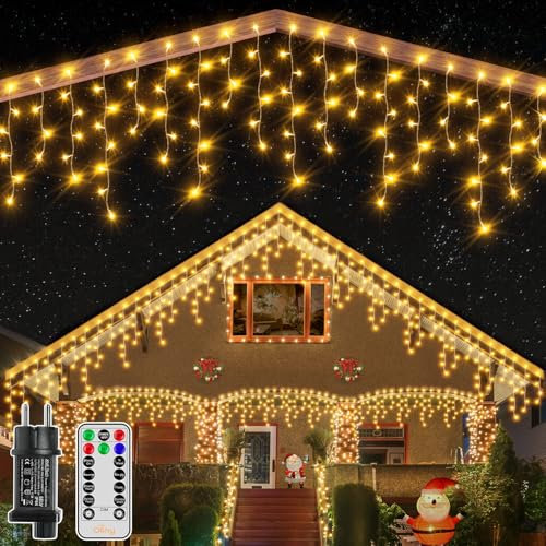 Ollny Eisregen Lichterkette Außen 10m 400 LED Lichterkette außen Strom mit Fernbedienung, wasserdicht Weihnachtsbeleuchtung außen mit Timer 8 Modi für Balkon Weihnachten Haus Carport(warmweiß)