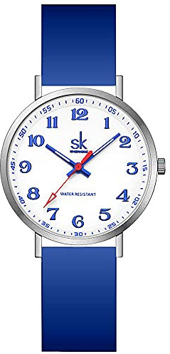 SHENGKE Fashion Schrubben Damen Sportuhr mit leicht ablesbarem Zifferblatt, arabischer Nummer und Silikonband, wasserdicht (Silver Blue)