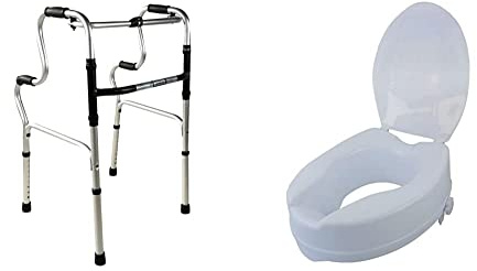 Andador para ancianos, adultos, mayores o minusvalidos, de aluminio, ligero, plegable, con asiento y sin ruedas. Modelo Pórtico. Mobiclinic + Elevador WC, Con tapa, 10 cm, Blanco, Titán