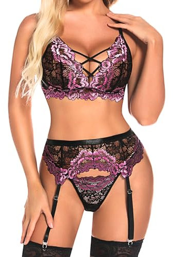 EVELIFE Damen-Dessous-Set mit Strumpfgürtel, sexy Spitzen-BH und Höschen, Strappy Teddy, Nachtwäsche, 3-teiliges Dessous, violett, S