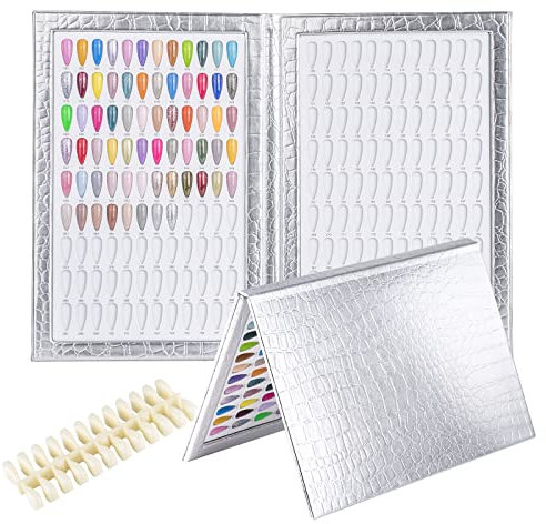 BNG Livre D'éChantillons De 216 Couleurs Pour Les Ongles, Tableau De PréSentation Des Couleurs De Vernis à Ongles En Gel, Livret Professionnel De Nail Art Avec 240 Pcs Faux Ongles Conseils, Argent