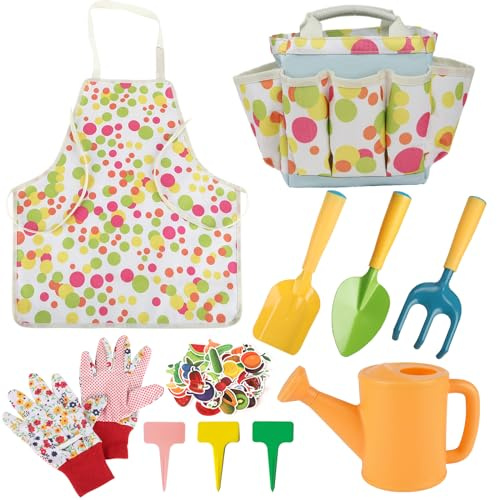 GIFTRRTOY Kids Gardening Set, Kids Gardening Tools with Watering Can, Shovel, Rake, Gloves, Waterproof Apron and Storage Bag, Children Garden Tool for Boys Girls Age 3 4 5 6 7 8