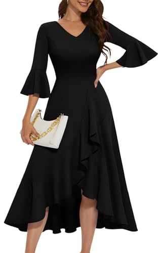 HomRain Black Maxi Wedding Guest Dress for Evening Party Cocktail with Long Bell Sleeve Elegant Flowy Split Prom Graduation Dresses Black L