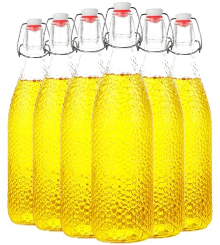 Danmu Art Swing Top Glass Bottles 1L 6 Pack - Leak Proof for Kombucha, Water Storage, Home Brew Cider & Fermenting Kefir - Airtight Flip Lids for Home Brewing, Oil, Vinegar, Beer, Wine, Soda
