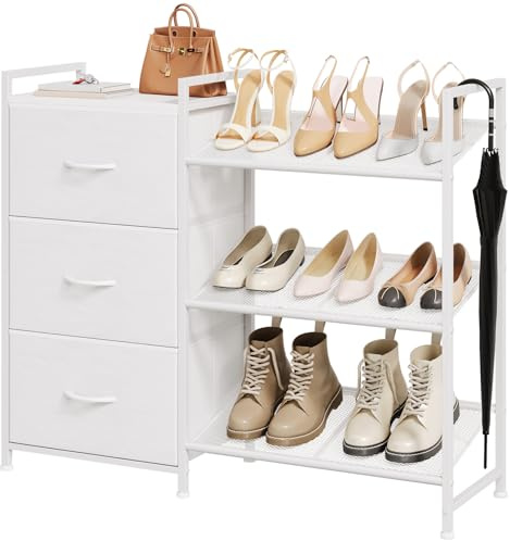 Somdot Shoe Rack with 3 Drawers, 3 Tier Metal Shoe Storage Shelves with Fabric Bins, 6-9 Pairs Shoe Organizer for Entryway Closet Living Room Dorm, White Leather