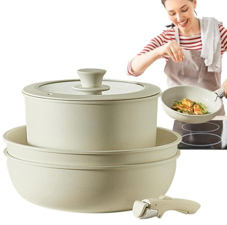 Pots and Pans Set, Non Stick Cookware Set, Set, Safe Nonstick Pots and Pans Set with Detachable Handles, Cream White RV Kitchen Set Ideal for Frying, Cooking, and Versatile Meal Preparation