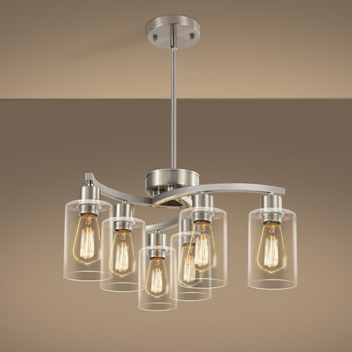 Sigaitwei 6 Light Farmhouse Brushed Nickel Chandelier,21.7 Modern Chandeliers for Dining Room Light Fixtures Over Table,Pendant Lights Kitchen Island,Metal Bracket with Downward Clear Glass Shade