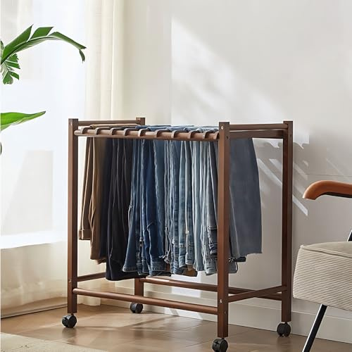 Natural Wooden Pants Hangers with Wheels Trouser Rack Organizer with 12 Hangers Clothes Organizers and Storage for Pant Shorts Jeans Trousers Pants Rack Trolley (Walnut)