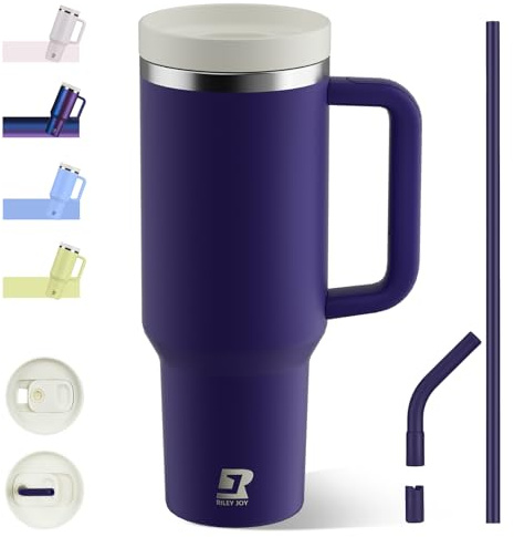 Riley Joy 1200ml Trinkflasche mit Strohhalm & Anti-Rutsch Griff, Auslaufsicherer Thermobecher BPA Frei Doppelwandige Isolierung für Auto, Büro, Outdoor Tiefviolett