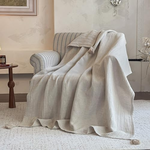 Simple&Opulence Linen Cotton Throw Blanket with Tassels, Double-Layer Knit Flax Blend Blanket Super Soft Lightweight Breathable Decorative Farmhouse for Couch Sofa Bed (50X60,Linen)
