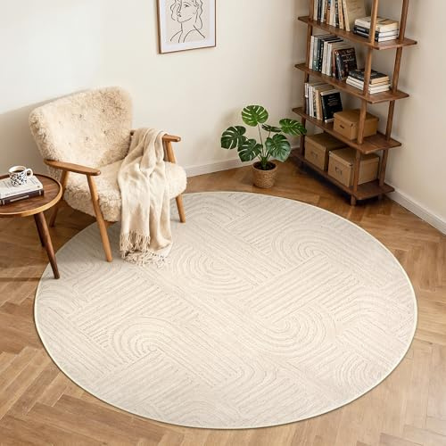 BEIMO Alfombra Redonda 120CM, Suave con Pelo Largo y Efecto 3D, Lavable y Antideslizante, Alfombra Moderna para Dormitorio, Cocina, Pasillo, Beige