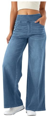 Pantalon Denim Femme Jean Taille Haute Elastique Jeans Jambe Large Extensible Confortable pour Yoga, Fitness et Sport Décontracté, Coupe Loose Fit, Décontracté (Sky Blue, S)