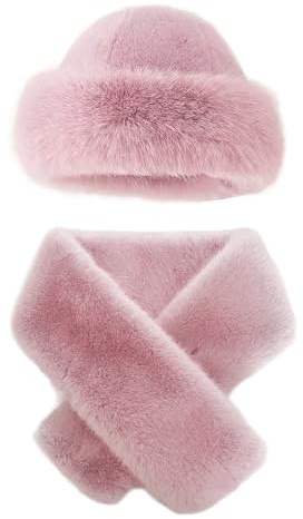 Bonnet de ski chaud avec écharpe, Bonnet d'hiver coupe-vent thermique unisexe en fausse fourrure - Ensemble d'écharpes à poils longs - Chapeau de trappeur d'hiver moelleux pour randonnée (Rose)