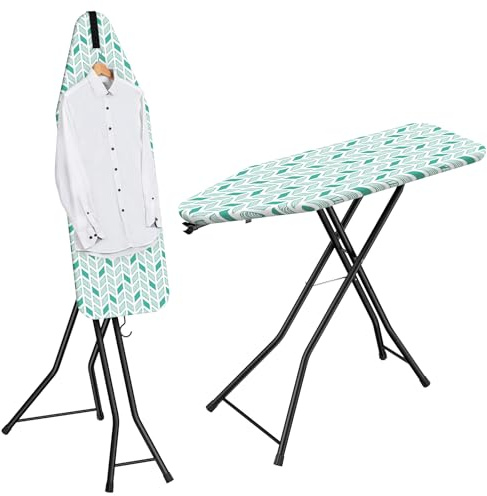 LyriFine Ironing Board, 2-in-1 Ironing Board for Steam Ironing and Classic Ironing, Heat Resistant Pad, Foldable with Hooks, Sturdy Steel Frame, Ironing Board for Steam Ironing Station, Green