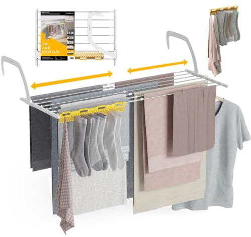 Newlux - Tendedero Balcón Extensible Flex V9 de Acero INOX (+/- 52.5-92,5x35x17cm). Tendedero barandilla Plegable con Capacidad 9M y 7kg. Accesorio Calcetines. Ideal Interiores y Exteriores, Blanco