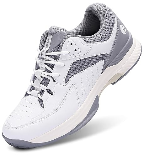 FitVille Men‘s Wide Pickleball Shoes All Court Tennis Shoes with Arch Support for Plantar Fasciitis (White&Grey, 15 X-Wide)