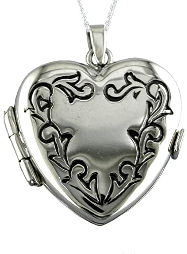 Alylosilver Medaglione Portafoto in Argento Sterling per Donna a Forma di Cuore con Bordo Inciso. Include Catena in Argento da 45 cm e Scatola Regalo