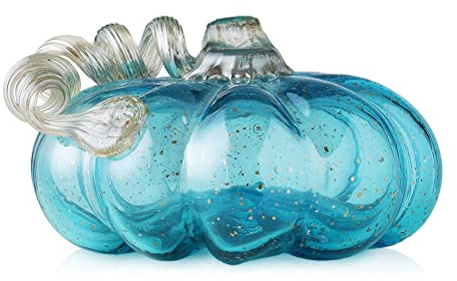 Glitzhome souflé à la main Bleu Paillettes Accent de table en forme de citrouille en verre pour automne et Harvest Thanksgiving Décoration 4.92 Inch bleu