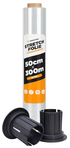 Verpacking Stretchfolie 17 my transparent 500 mm x 300 m 3 rullar slitstark flyttfolie + 2 glidhylsor