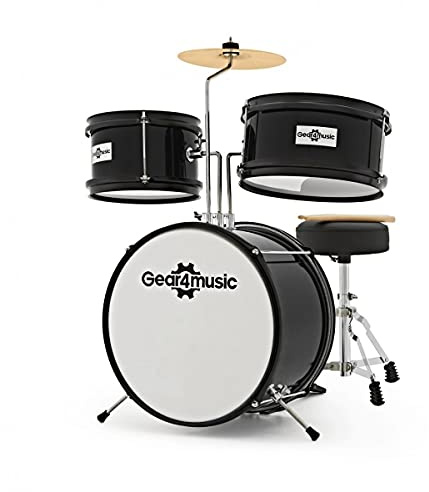Batterie Junior Enfants 3-6 Ans avec Accessoires, Gear4music, Noire | Kit Réduit avec Grosse Caisse, Caisse Claire, Tom et Cymbale, Tabouret Réglable, Pédale et Baguettes Incluses, 3-6 Ans