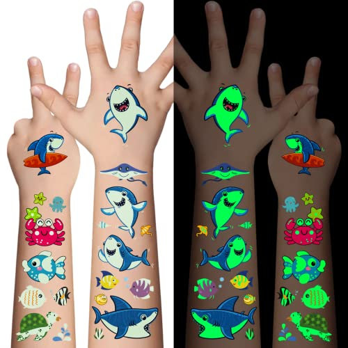 Awinmay Ocean Tattoo Kinder - 10 Blätter Leuchtendes Marine Tier Temporäre Tattoo Aufkleber für Jungen Mädchen,Gesicht Make-up gefälschte Tattoos Urlaub Party Supplies Kindergeburtstag Gastgeschenke