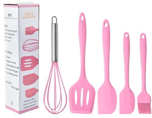 Lot de 5 ustensiles de cuisine en silicone antiadhésif et résistant à la chaleur pour la cuisson et le mélange Résistant à la chaleur 450 °C Rose