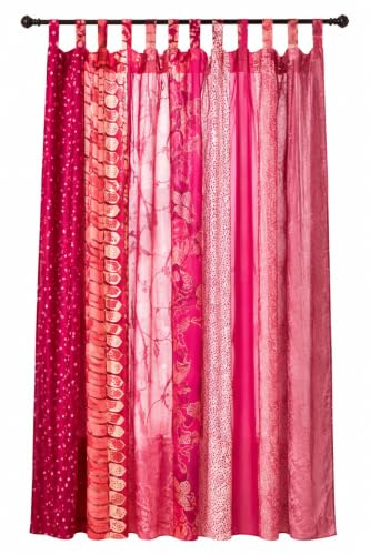 RAJBHOOMI HANDICRAFTS Indian Old Sari White Color Curtain Door Drape Window Decor Silk Sari Hippie Recycle Curtains, 210 x 105 cm (Pink)