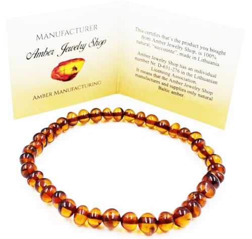 Amber Jewelry Shop Braccialetto elasticizzato in ambra baltica naturale, realizzato a mano con perle di ambra baltica lucidata/certificate (cognac), Taglia unica, Ambra, Ambra