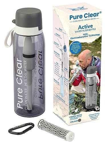 Pure Clear Filter Water Bottle - 769ml - Water Filter Bottle with Electro-Adsorptive Tech to Remove Viruses, Bacteria, Parasites & More - Filtered Water Bottle For Travelling, Gym & Outdoors - Grey
