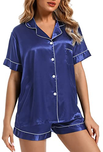 Finvizo Womens Silk Satin Pyjamas Set: Ladies Pajamas Short Sleeve Bride Pj Set Two-piece Sleepwear Silky Button-down Nightwear Soft Loungewear Sets, Navy Blue M