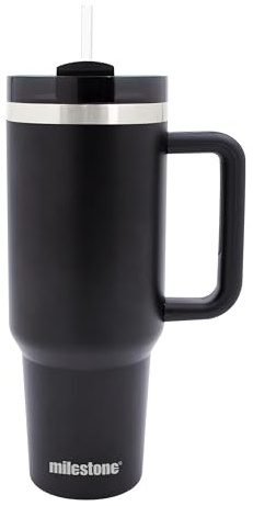 Milestone Travel Mug 40oz Tumbler with Straw, Handle & Lid/Large Capacity Insulated Stainless Steel Travel Cup for Cold or Hot Drinks (Black)