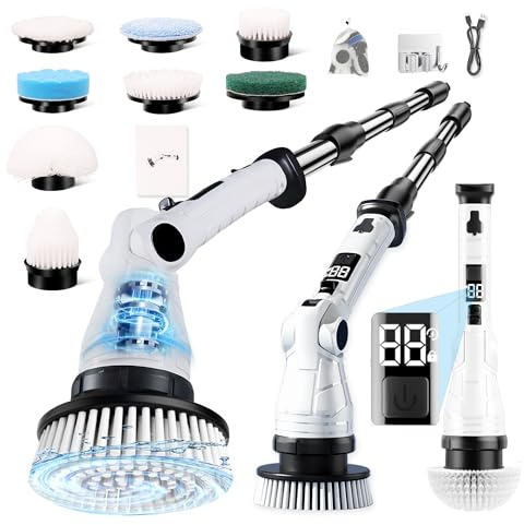 LADAMI Cepillo de limpieza eléctrico, limpiador de juntas eléctrico con mango ajustable y 8 cabezales intercambiables, 3 velocidades de rotación, juego de mopa, cepillo de limpieza para baño, cocina
