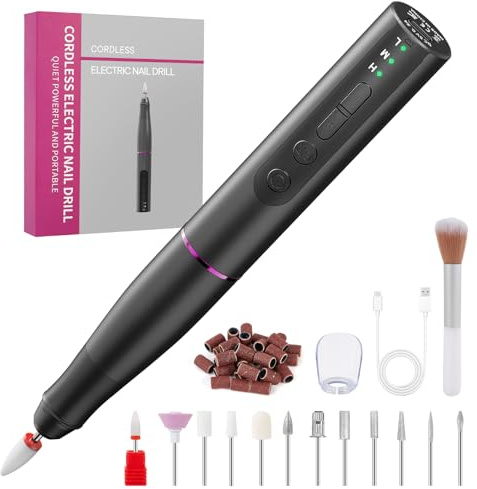 Professional Cordless Electric Nail Drill 20,000RPM, 12 in 1 Rechargeable Nail File Kit, Adjustable Speed Nail Files for Acrylic and Gel Nails, Nail Tools for Home & Salon Use, Pedicure Manicure Set