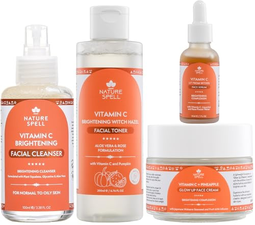 Nature Spell Vitamin C & Fruit AHA Brightening Skincare Set, Face Wash, Toner, Serum & Face Cream, Hydrating & Refreshing, Vegan, Cruelty Free, Alcohol Free, Pack of 4