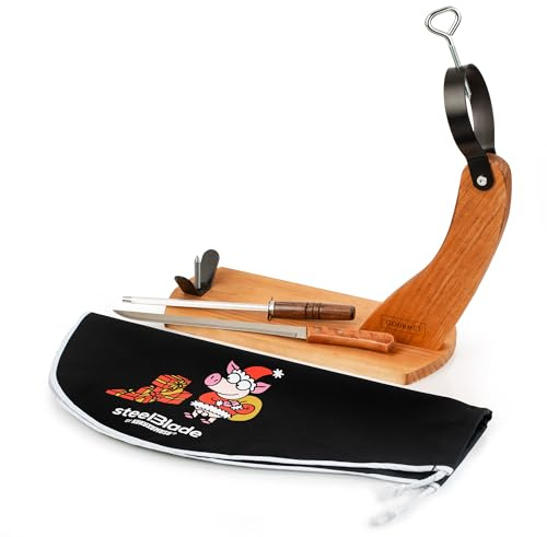 Steelblade - Jamonero Góndola + Cubre Jamón Kukuxumusu + Cuchillo Jamonero y Chaira - Soporte Jamonero Fabricado en España