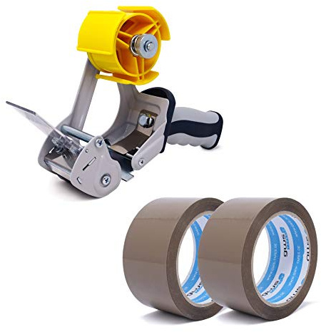 gws Verpackungs-Set mit robustem Lager/-Industrie Abroller und 2 Rollen braun 66m x 50mm zum Verpacken von Paketen - Hohe Klebekraft - Einfache Bedienung - Profi-Qualität
