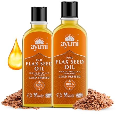 Ayumi Pure Flaxseed Oil Rich in Omega-3 | Cold Pressed Flaxseeds Body Oil for Dry Skin | Hair Oil for Dry Damaged Hair | Face Oil to Combat Wrinkles | Linseed Oil to Control Blood Sugar |2x 150ml