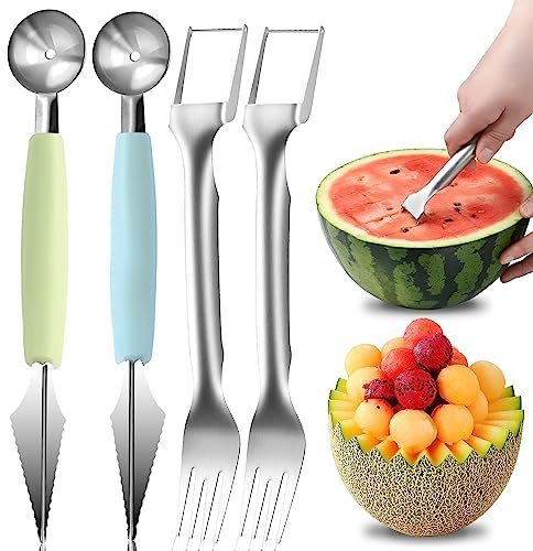 TUZHE Melonenschneider 4 STK, Wassermelonen Schneider Melonenausstecher Obstschneider für Cantaloupe, Papaya, Drachenfrucht