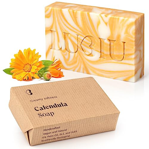 lubiu Jabón Natural de Caléndula - 100g Pastilla Jabon de Manos, Cuerpo y Cara También Jabon Bebe y Niño - Jabones Naturales Artesanos - Soap