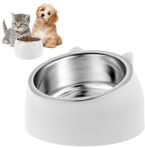 WuGU Ciotole per Gatti in Acciaio Inox, 200ML Ciotola per Gattini e Cuccioli, Inclinata di 15° e Rialzata, Protezione Cervicale, Staccabile, per Cibo Secco, Cibo Umido, Acqua - Bianco