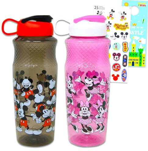 Disney Mickey & Minnie Mouse Water Bottle Set - 2 Pc School Supplies Bundle of Drinking Bottles Plus Stickers and More | Sports Cups for Kids