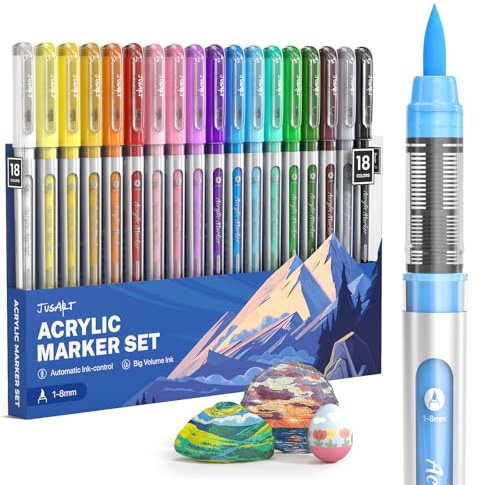 JusArt Acrylstifte 18 Farben set,1–8 mm Wasserfester Acrylmarker Pinsel Tip, für steine bemalen,holz,glas,Keramik,Leinwand,DIY