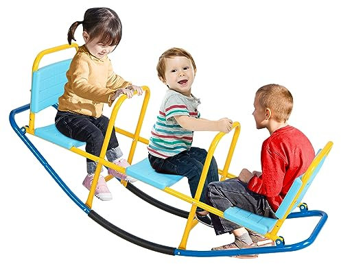 GOPLUS Columpio Balancín con 3 Asientos para Niños, Asientos y Asas Ergonómicos, Juego de Escalera Interactivo para Niños, 137x40x59,5cm (Azul)
