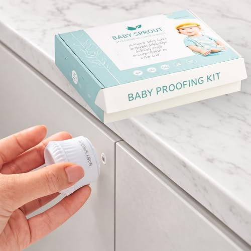 Baby Proofing Kit | Complete Child Safety Kit with 10 Magnetic Cupboard Locks for Children + 2 Keys, 6 Safety Straps, Oven Lock & 8 Corner Protectors | No Tools or Drilling | BABY SPROUT® UK Brand