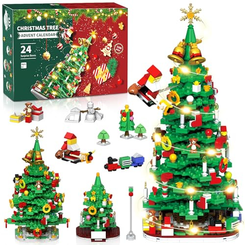 Calendario dell'Avvento 2025, set di giocattoli per albero di Natale, per adulti, adolescenti, ragazzi, ragazze, bambini, con luce LED, 1100 pezzi, calendario dell'albero di Natale